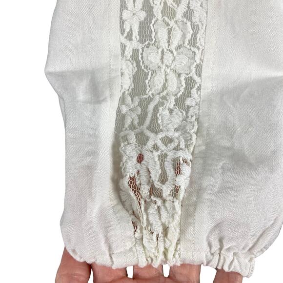 Valerie Stevens White Linen Blend 3/4 Sleeve Top Lace Insets LG Cottage Prairie - Picture 3 of 7